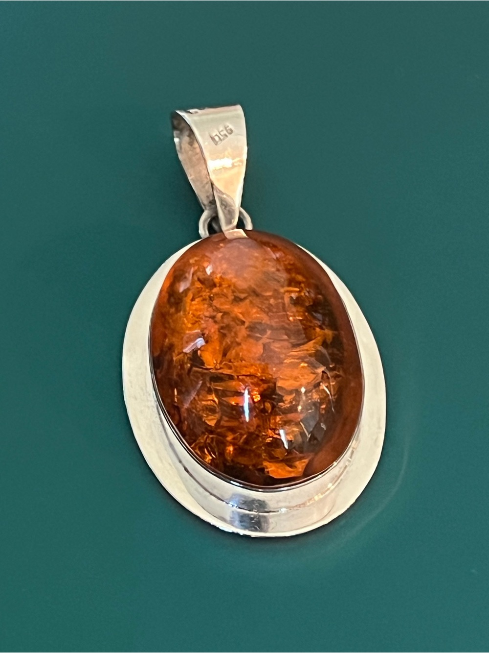 Mexico 925 Sterling Silver Amber Oval Pendant - Rich Cognac Brown 2 1/8